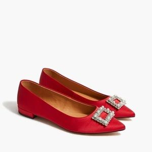 J. Crew Factory Red Pointed Toe Flats with Crystal Buckle